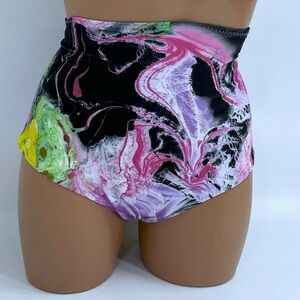 High-Waist Abstract Swirl Bikini Bottoms - Black, Pink & Lime